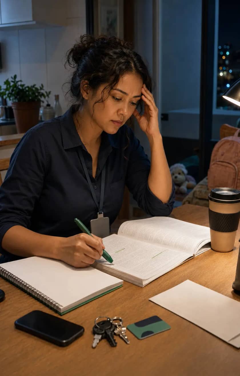 Aluna estudando à noite em casa, na rotina de quem se prepara para concurso